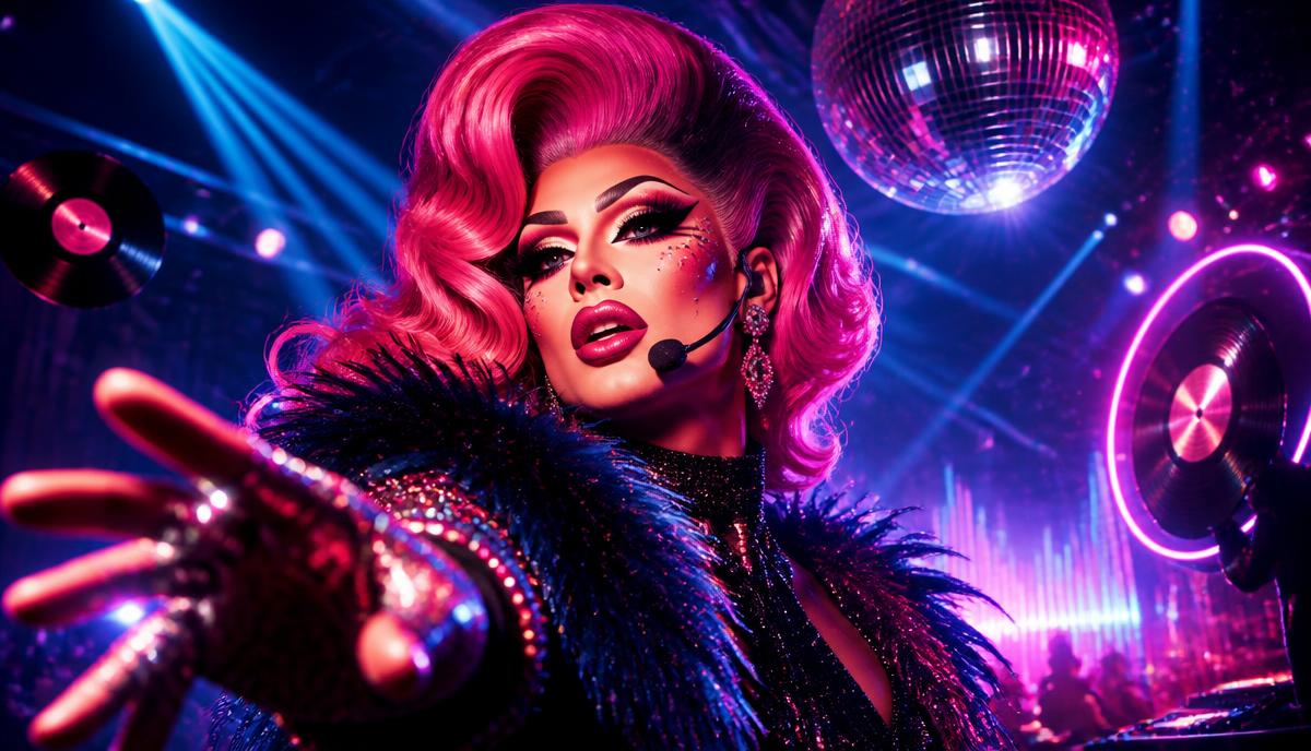 Lancement de PLAY RADIO DRAG : une artiste drag glamour avec micro-casque sous les néons fuchsia d'un club